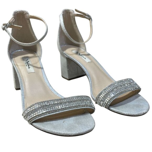 NINA Women's Elenora Dress Sandal Silver Rhinestone Size 11M Block Heel - Picture 1 of 9